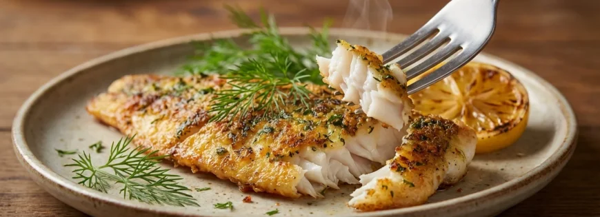Zbliżenie na smażony filet z okonia w ziołowej panierce na talerzu. Widelec unosi kawałek parującej ryby, obok koper i cytryna.