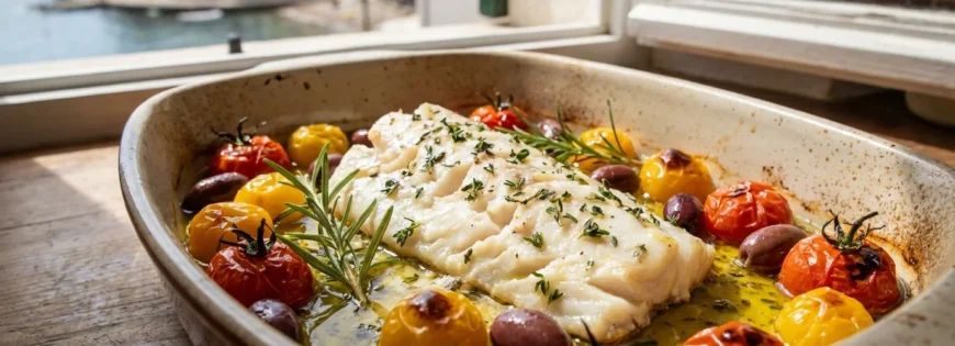 Pieczony filet z dorsza w naczyniu żaroodpornym z kolorowymi pomidorkami koktajlowymi, oliwkami i ziołami na parapecie z widokiem na morze.