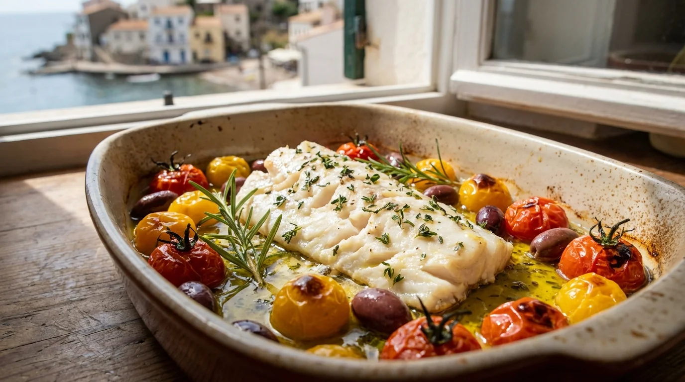 Pieczony filet z dorsza w naczyniu żaroodpornym z kolorowymi pomidorkami koktajlowymi, oliwkami i ziołami na parapecie z widokiem na morze.