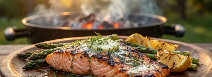 Grillowany filet z pstrąga łososiowego z masłem czosnkowym, koperkiem i szparagami na drewnianym talerzu.