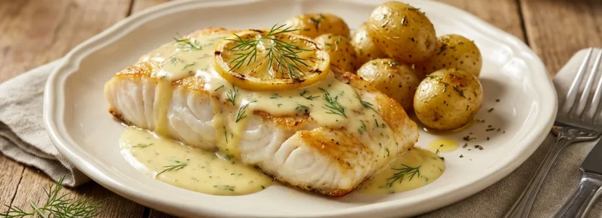 Złocisty filet z pieczonego halibuta polany sosem cytrynowo-koperkowym i udekorowany cytryną, podany z pieczonymi ziemniakami na białym talerzu.