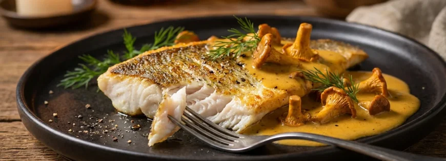 Smażony filet z sandacza z sosem kurkowym i koperkiem na ciemnym talerzu, z widelcem unoszącym kawałek ryby.