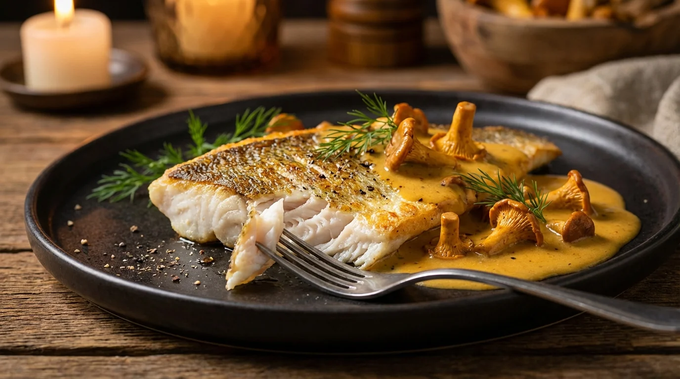 Smażony filet z sandacza z sosem kurkowym i koperkiem na ciemnym talerzu, z widelcem unoszącym kawałek ryby.