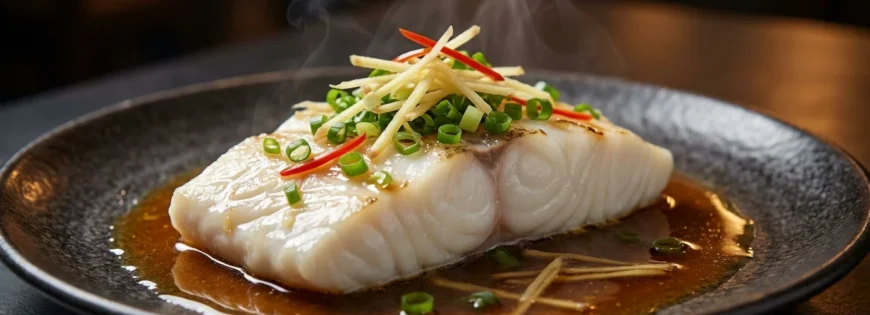 Parujący halibut na parze w sosie sojowym, z imbirem, dymką i chili na ciemnym talerzu.