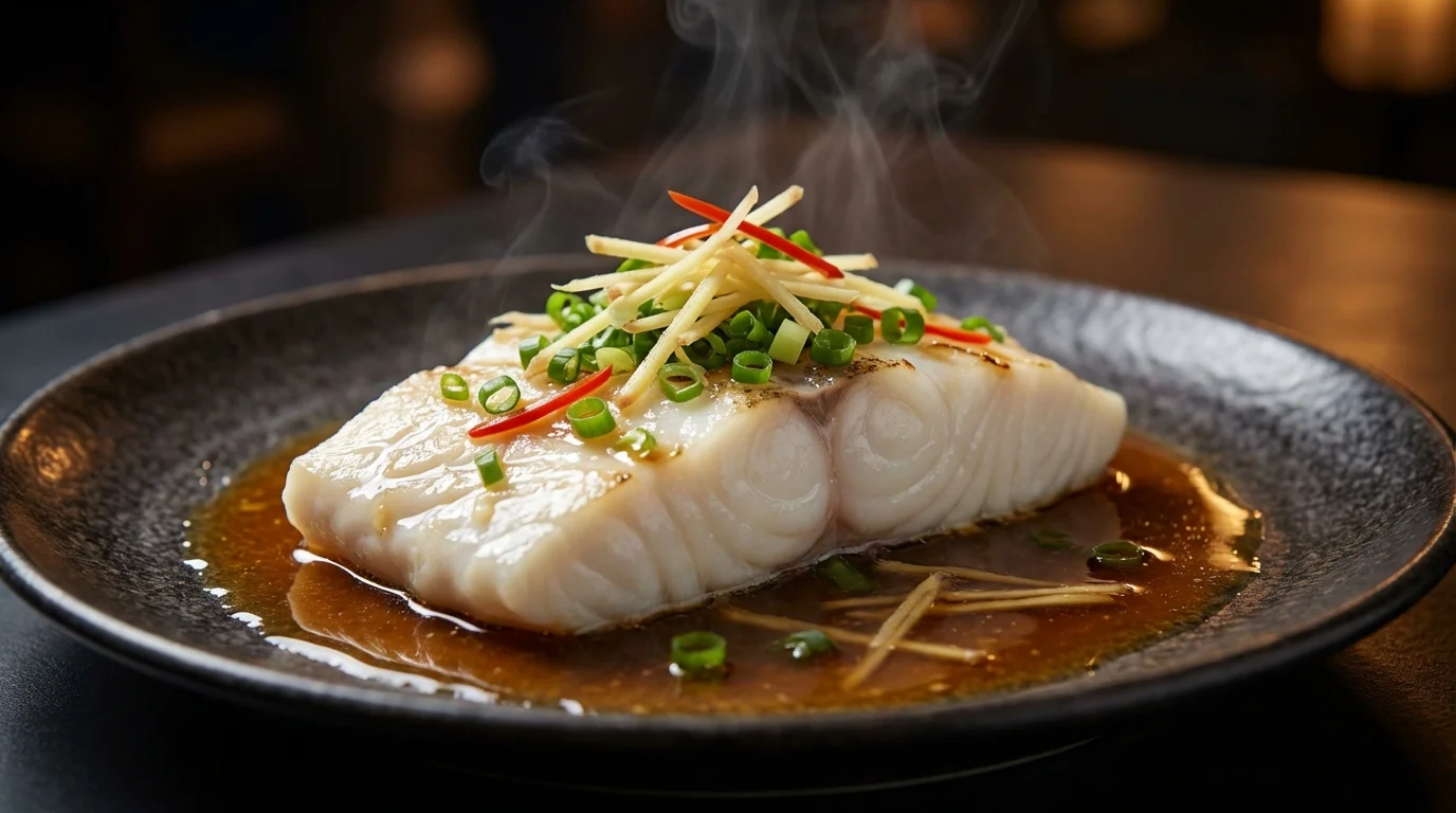 Parujący halibut na parze w sosie sojowym, z imbirem, dymką i chili na ciemnym talerzu.