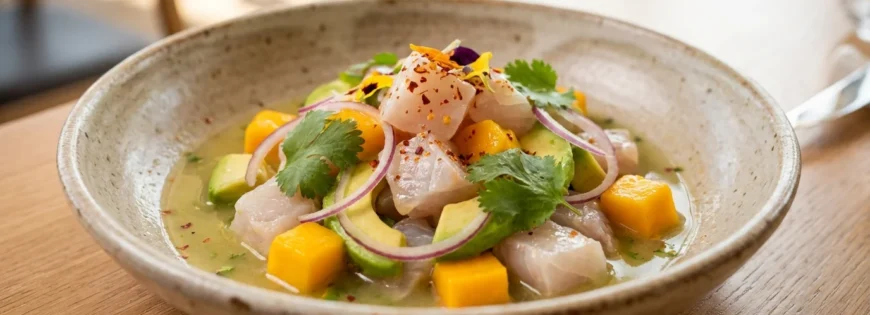 Zbliżenie na świeże ceviche z okonia z mango, awokado, czerwoną cebulą i kolendrą w ceramicznej misce.
