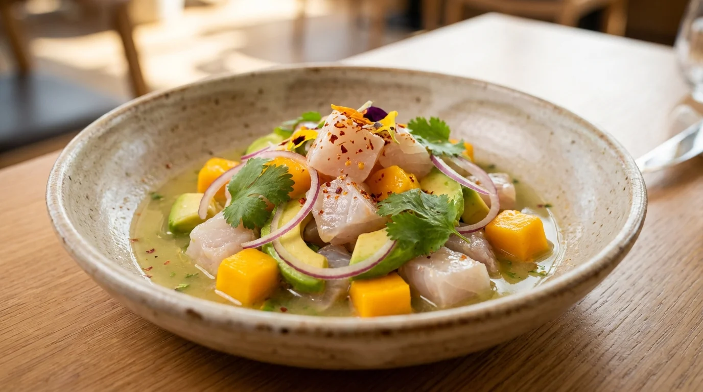 Zbliżenie na świeże ceviche z okonia z mango, awokado, czerwoną cebulą i kolendrą w ceramicznej misce.