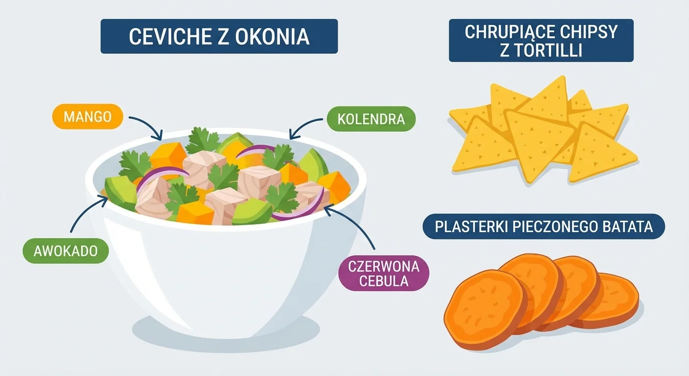 Stylowa kompozycja gotowego ceviche z okonia podanego w białej, głębokiej misce. Widoczne są kolorowe kawałki mango, awokado, czerwonej cebuli i kolendry. Obok miski leżą chrupiące chipsy z tortilli i plasterki pieczonego batata.