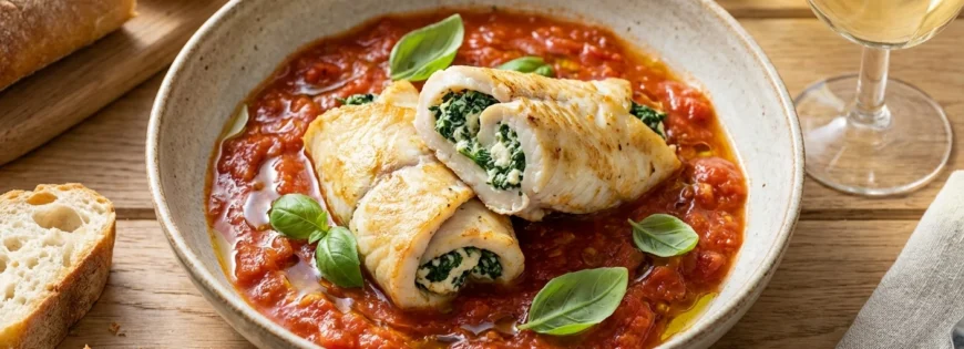 Roladki z gładzicy nadziewane szpinakiem i ricottą, podane w sosie pomidorowym z bazylią w ceramicznej misce.