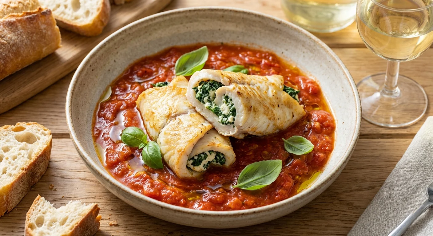 Roladki z gładzicy nadziewane szpinakiem i ricottą, podane w sosie pomidorowym z bazylią w ceramicznej misce.