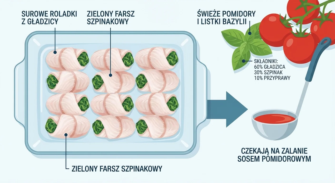 Pięknie ułożone, surowe roladki z gładzicy wypełnione zielonym farszem szpinakowym w naczyniu żaroodpornym, czekające na zalanie sosem pomidorowym. W tle widać świeże pomidory i listki bazylii.