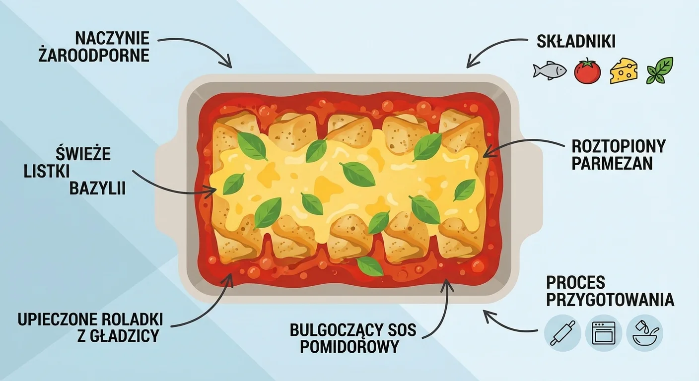Gotowe, upieczone roladki z gładzicy w naczyniu żaroodpornym, zanurzone w bulgoczącym sosie pomidorowym i posypane roztopionym parmezanem. Danie jest udekorowane świeżymi listkami bazylii.