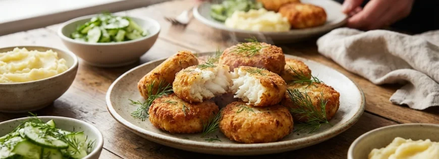 Talerz ze złocistymi, parującymi kotletami rybnymi posypanymi koperkiem. Jeden kotlet jest przekrojony, pokazując białe, puszyste wnętrze.