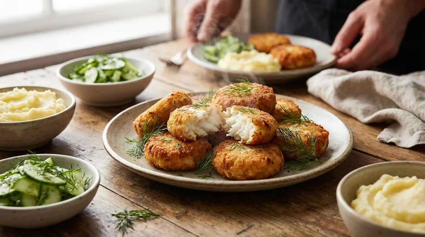 Talerz ze złocistymi, parującymi kotletami rybnymi posypanymi koperkiem. Jeden kotlet jest przekrojony, pokazując białe, puszyste wnętrze.