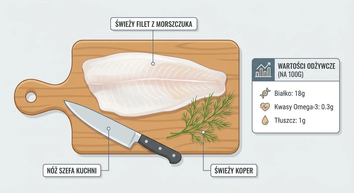 Close-up shot of a beautiful, fresh, pearly-white hoki fillet on a wooden cutting board, with a chef's knife and some fresh dill sprigs nearby. The lighting is bright and natural.