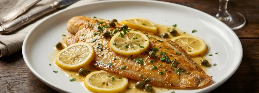 Smażona sola meunière na białym talerzu, udekorowana plastrami cytryny, kaparami i posiekaną pietruszką w sosie maślanym.