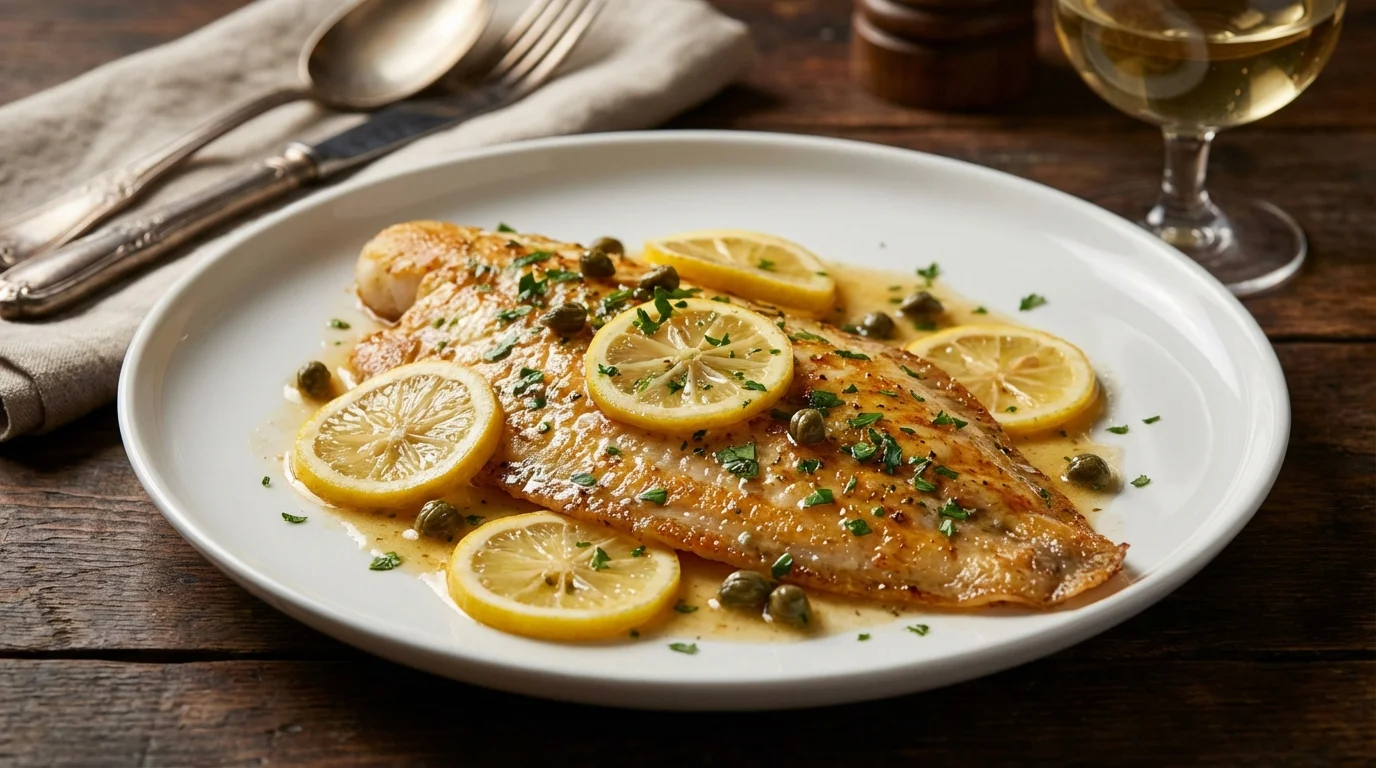 Smażona sola meunière na białym talerzu, udekorowana plastrami cytryny, kaparami i posiekaną pietruszką w sosie maślanym.