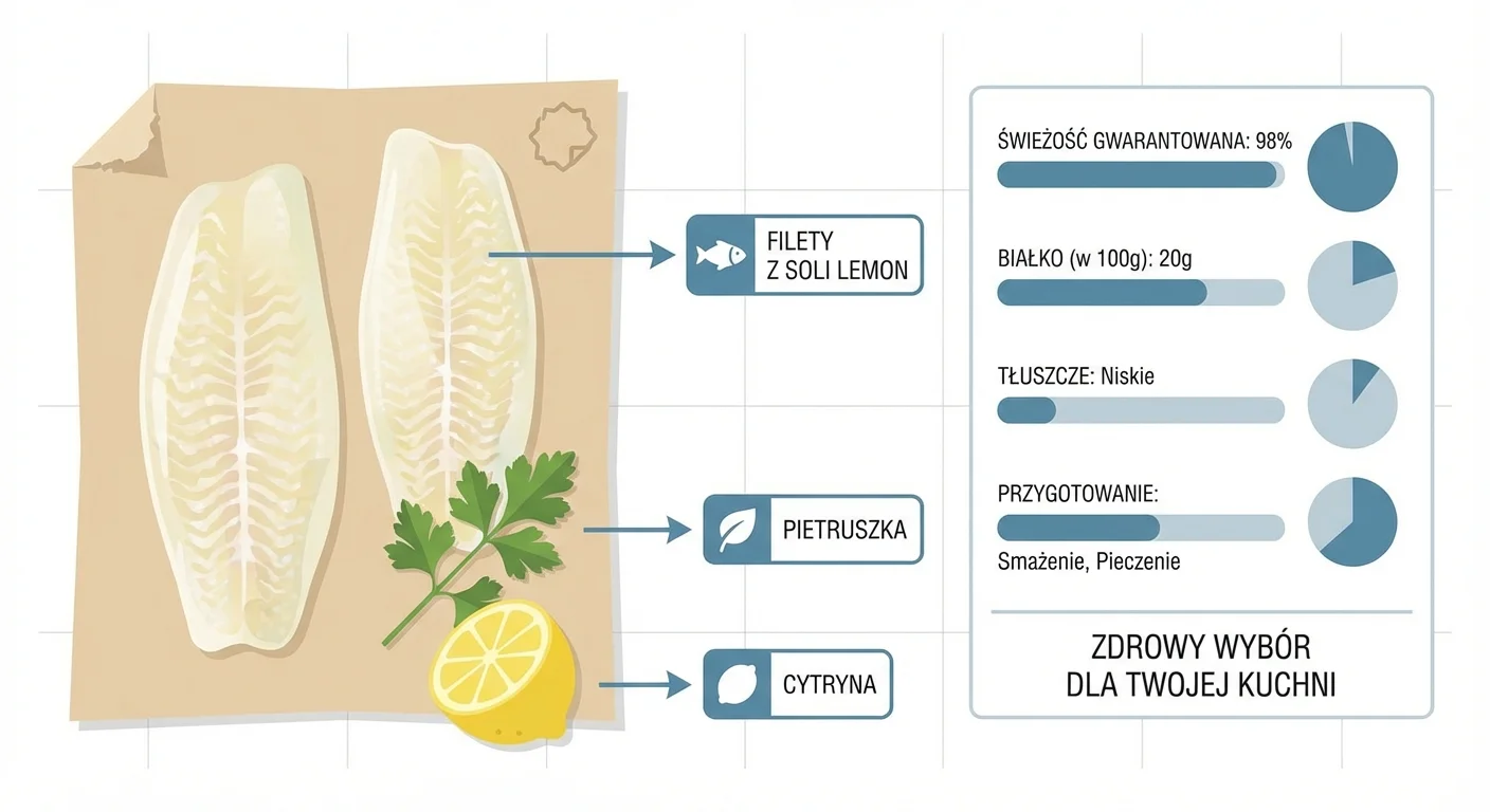 Pięknie ułożone, świeże, surowe filety z soli lemon na pergaminie, obok leży gałązka pietruszki i połówka cytryny.