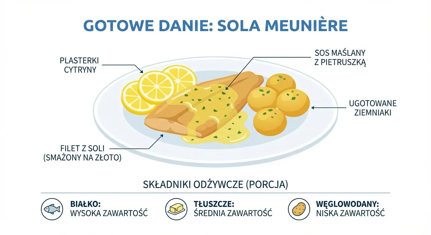 Gotowe danie Sola Meunière na białym talerzu, polane sosem maślanym z pietruszką, obok leżą plasterki cytryny i kilka ugotowanych ziemniaków.