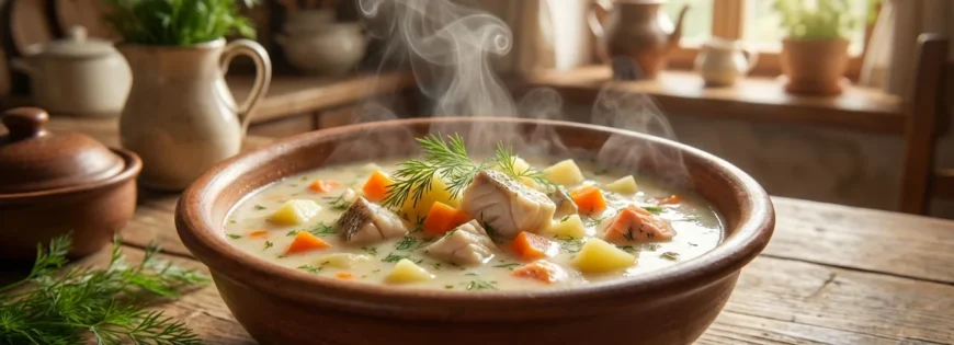 Parująca, gęsta zupa rybna z kawałkami sandacza, pstrąga, ziemniakami i koperkiem, podana w glinianej misce na drewnianym stole.