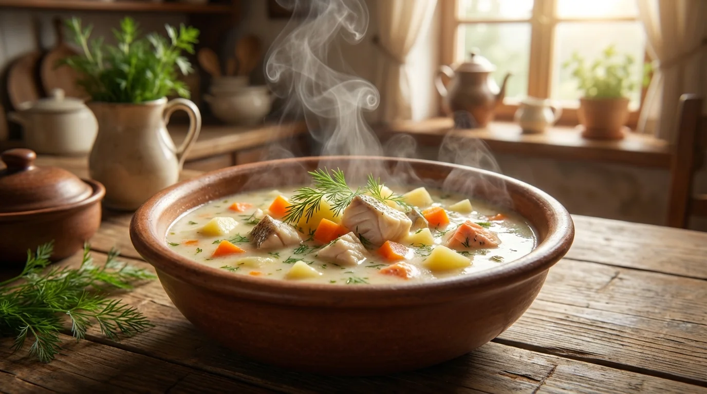 Parująca, gęsta zupa rybna z kawałkami sandacza, pstrąga, ziemniakami i koperkiem, podana w glinianej misce na drewnianym stole.