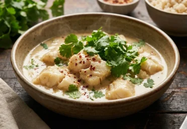 Miska kremowego curry rybnego z kawałkami dorsza, posypana świeżą kolendrą i płatkami chili na drewnianym stole.