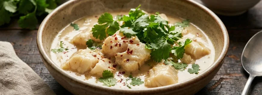 Miska kremowego curry rybnego z kawałkami dorsza, posypana świeżą kolendrą i płatkami chili na drewnianym stole.