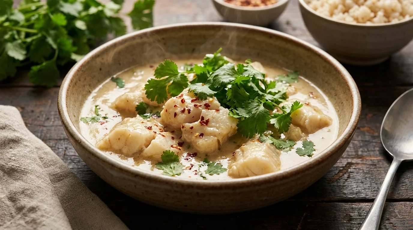 Miska kremowego curry rybnego z kawałkami dorsza, posypana świeżą kolendrą i płatkami chili na drewnianym stole.