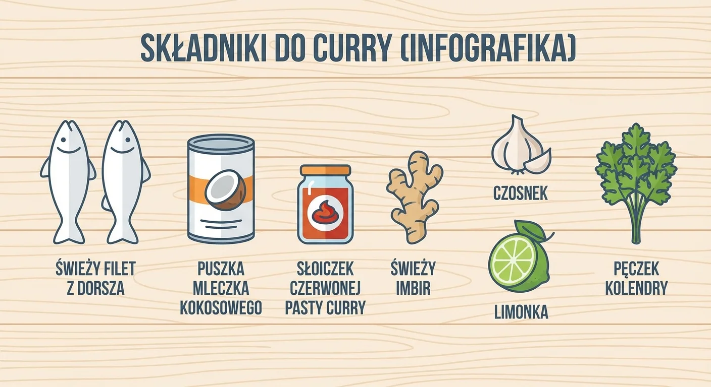 Pięknie ułożone na drewnianej desce składniki do curry: świeży, biały filet z dorsza, puszka mleczka kokosowego, słoiczek czerwonej pasty curry, świeży imbir, czosnek, limonka i pęczek kolendry.