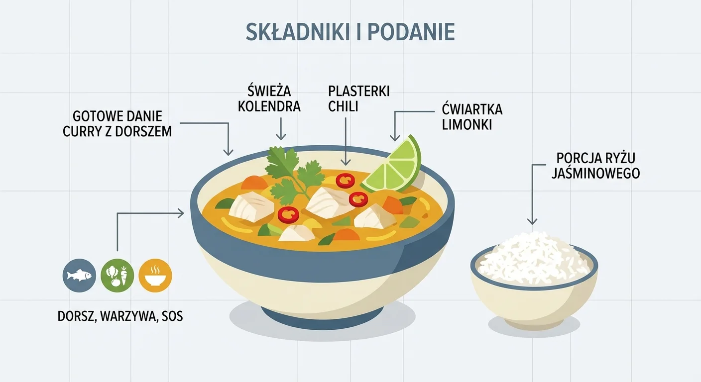 Gotowe danie curry z dorszem serwowane w głębokiej, ceramicznej misce obok porcji sypkiego ryżu jaśminowego. Danie jest udekorowane świeżą kolendrą, plasterkami czerwonego chili i ćwiartką limonki.