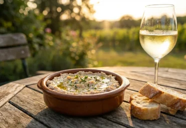 Miska z rillettes z pstrąga, bagietka i kieliszek białego wina na drewnianym stole w winnicy o zachodzie słońca.