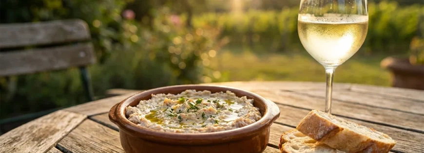 Miska z rillettes z pstrąga, bagietka i kieliszek białego wina na drewnianym stole w winnicy o zachodzie słońca.