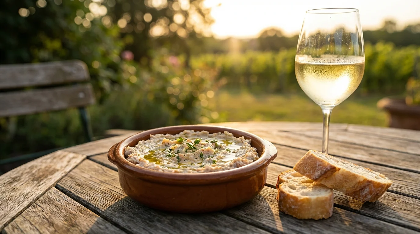 Miska z rillettes z pstrąga, bagietka i kieliszek białego wina na drewnianym stole w winnicy o zachodzie słońca.