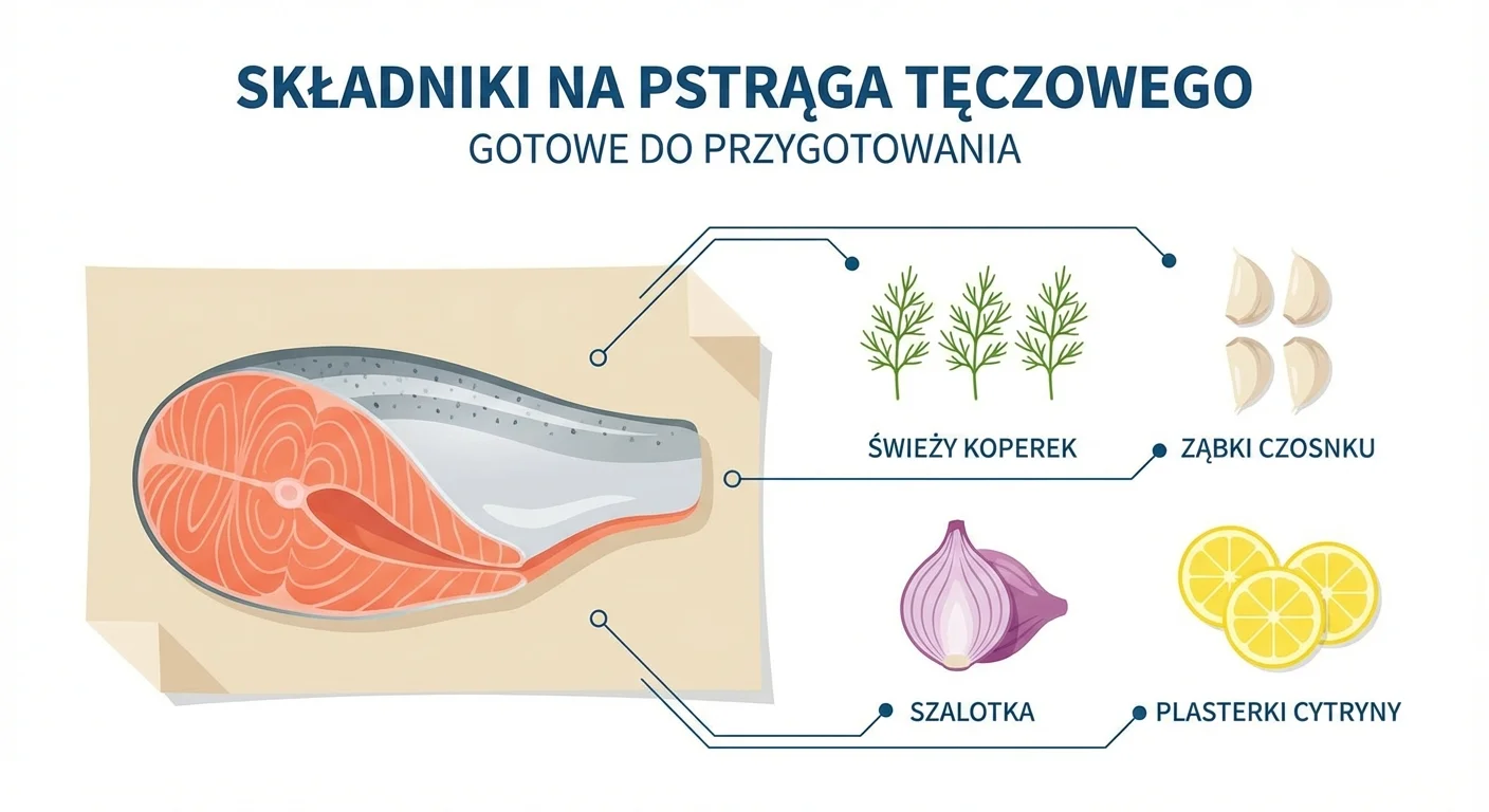 Świeży, surowy filet z pstrąga tęczowego leżący na pergaminie, obok niego gałązki świeżego koperku, kilka ząbków czosnku, szalotka i plasterki cytryny – wszystkie składniki gotowe do przygotowania.