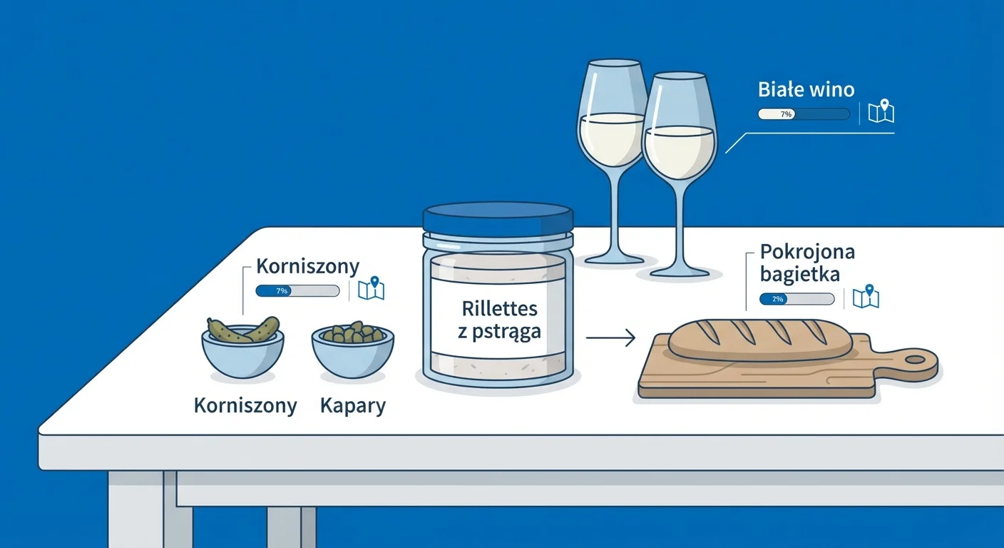 Elegancko zastawiony stół. W centrum słoiczek z rillettes z pstrąga, obok deska z pokrojoną bagietką, miseczki z korniszonami i kaparami, a w tle dwa kieliszki białego wina.
