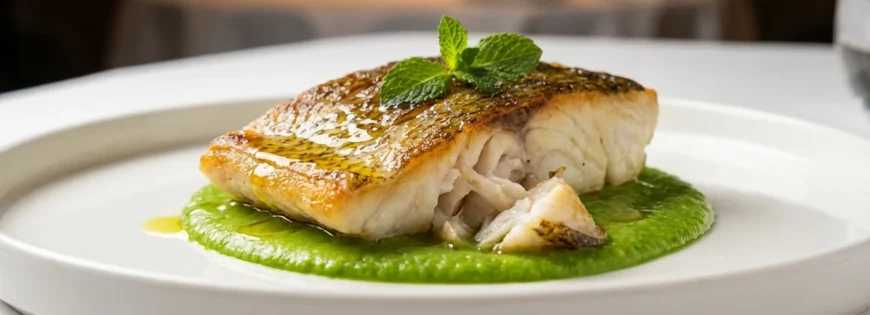 Smażony stek z halibuta ze złotą skórką na zielonym purée z miętą na białym talerzu.