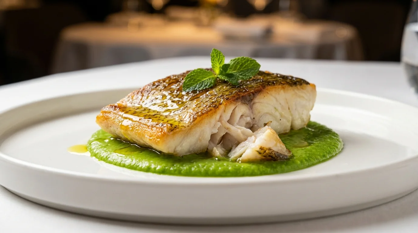 Smażony stek z halibuta ze złotą skórką na zielonym purée z miętą na białym talerzu.
