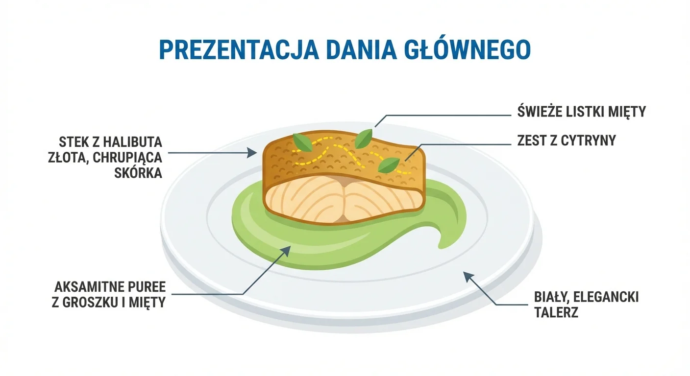 Pięknie podany stek z halibuta ze złotą, chrupiącą skórką, spoczywający na jasnozielonym, aksamitnym puree z groszku i mięty, udekorowany świeżymi listkami mięty i zestem z cytryny na białym, eleganckim talerzu.