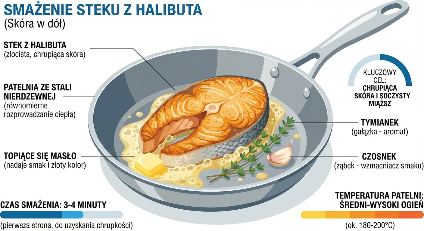 Zbliżenie na stek z halibuta smażący się na patelni ze stali nierdzewnej, skórą do dołu. Wokół ryby widać topiące się masło, gałązkę tymianku i ząbek czosnku. Skórka jest widocznie złocista i chrupiąca.