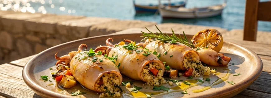 Talerz grillowanej faszerowanej kałamarnicy z kuskusem, świeżymi ziołami i cytryną na stole nad morzem.