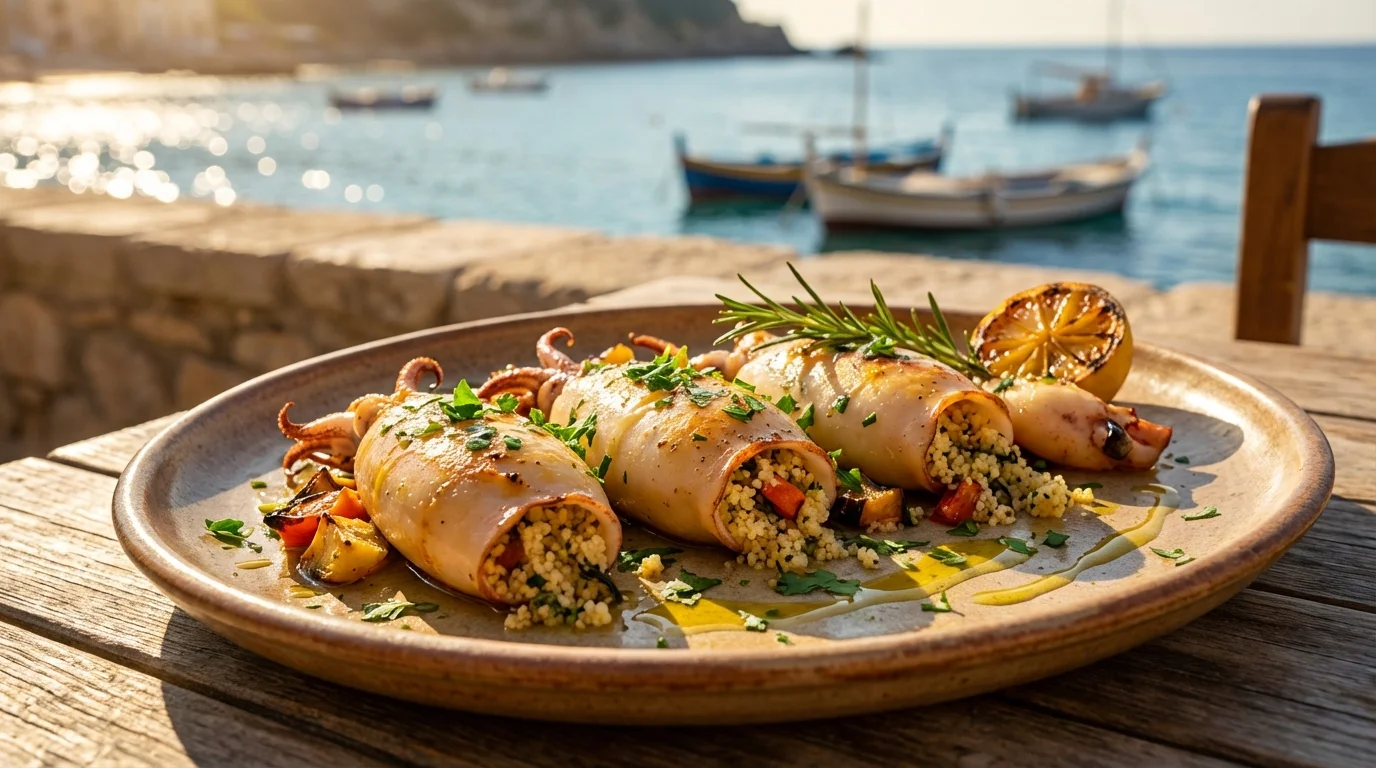 Talerz grillowanej faszerowanej kałamarnicy z kuskusem, świeżymi ziołami i cytryną na stole nad morzem.