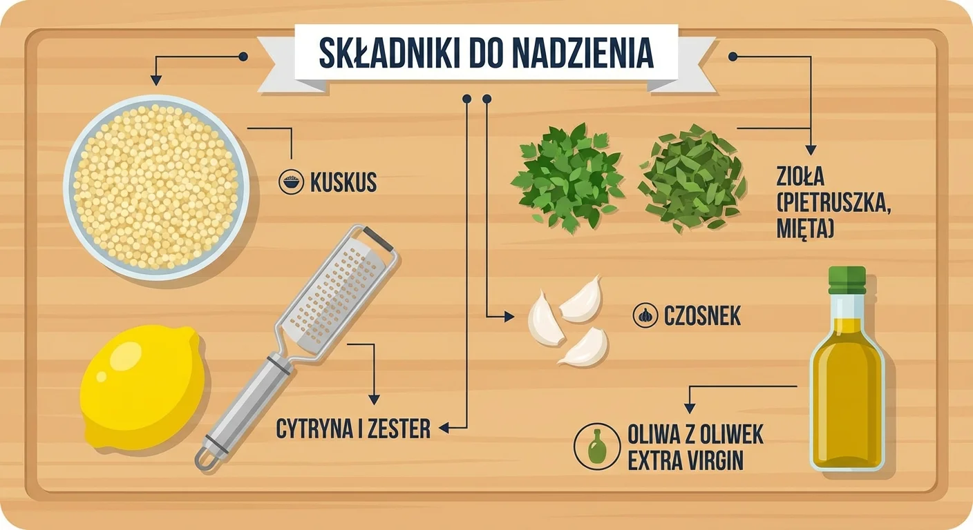 A vibrant, overhead shot of the ingredients for the stuffing: a bowl of fluffy couscous, chopped fresh herbs like parsley and mint, a whole lemon and a zester, cloves of garlic, and a small bottle of extra virgin olive oil, all arranged on a rustic wooden board.