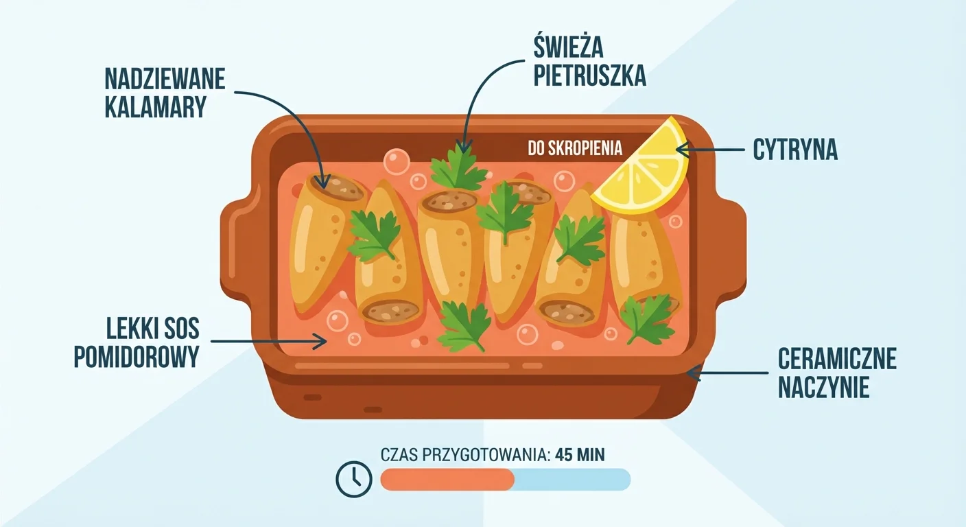 A beautifully styled final dish: several golden-brown stuffed calamari resting in a light, bubbling tomato sauce inside a rustic ceramic baking dish. The dish is garnished with fresh parsley and a bright yellow lemon wedge sits on the side, ready to be squeezed over the top.