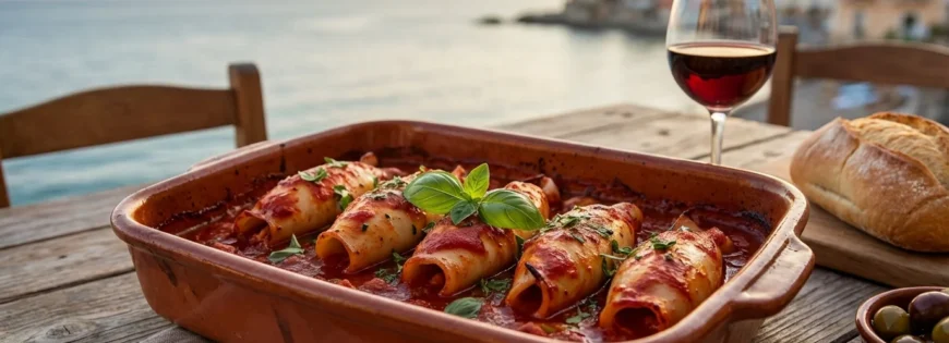 Pieczone kalmary faszerowane w sosie pomidorowym w glinianym naczyniu na stole tarasowym z widokiem na morze przy zachodzie słońca.