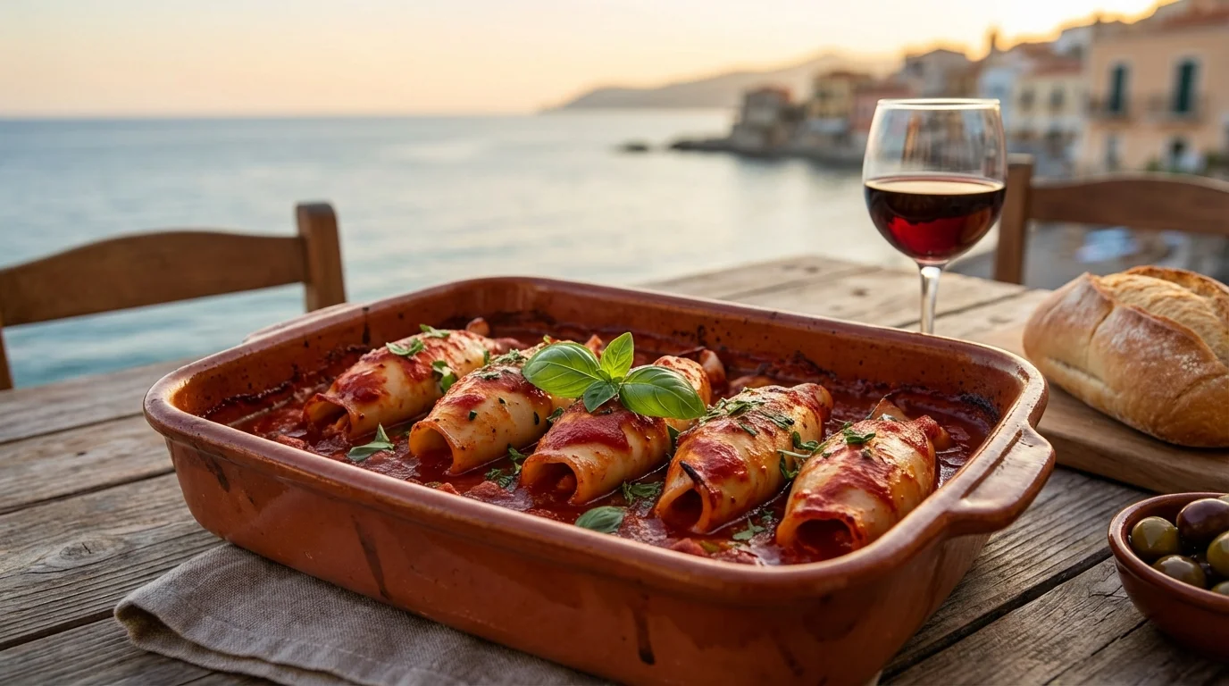 Pieczone kalmary faszerowane w sosie pomidorowym w glinianym naczyniu na stole tarasowym z widokiem na morze przy zachodzie słońca.