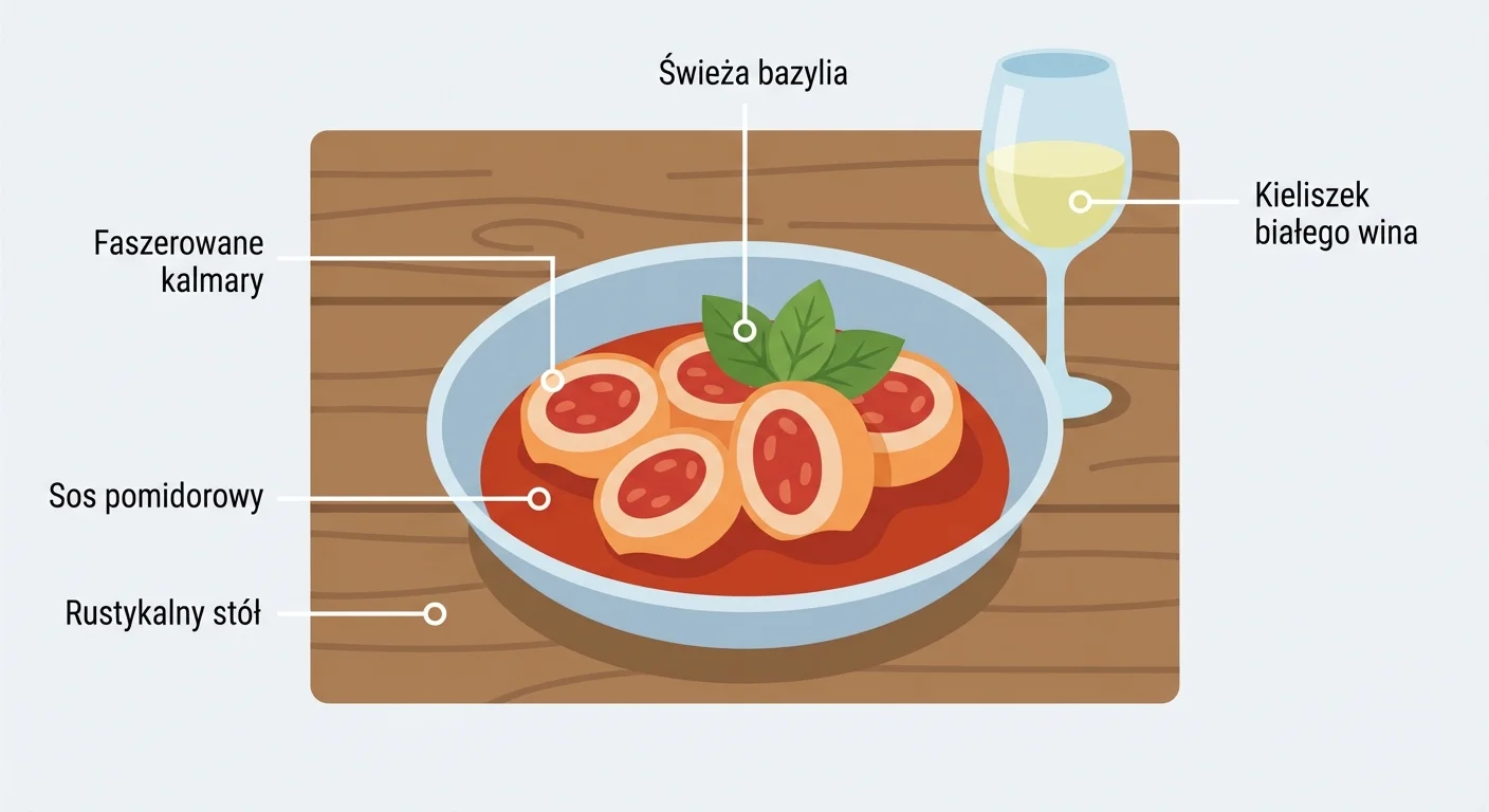 Elegancko podane danie z faszerowanymi kalmarami w sosie pomidorowym, udekorowane świeżą bazylią, na tle rustykalnego stołu z kieliszkiem białego wina.