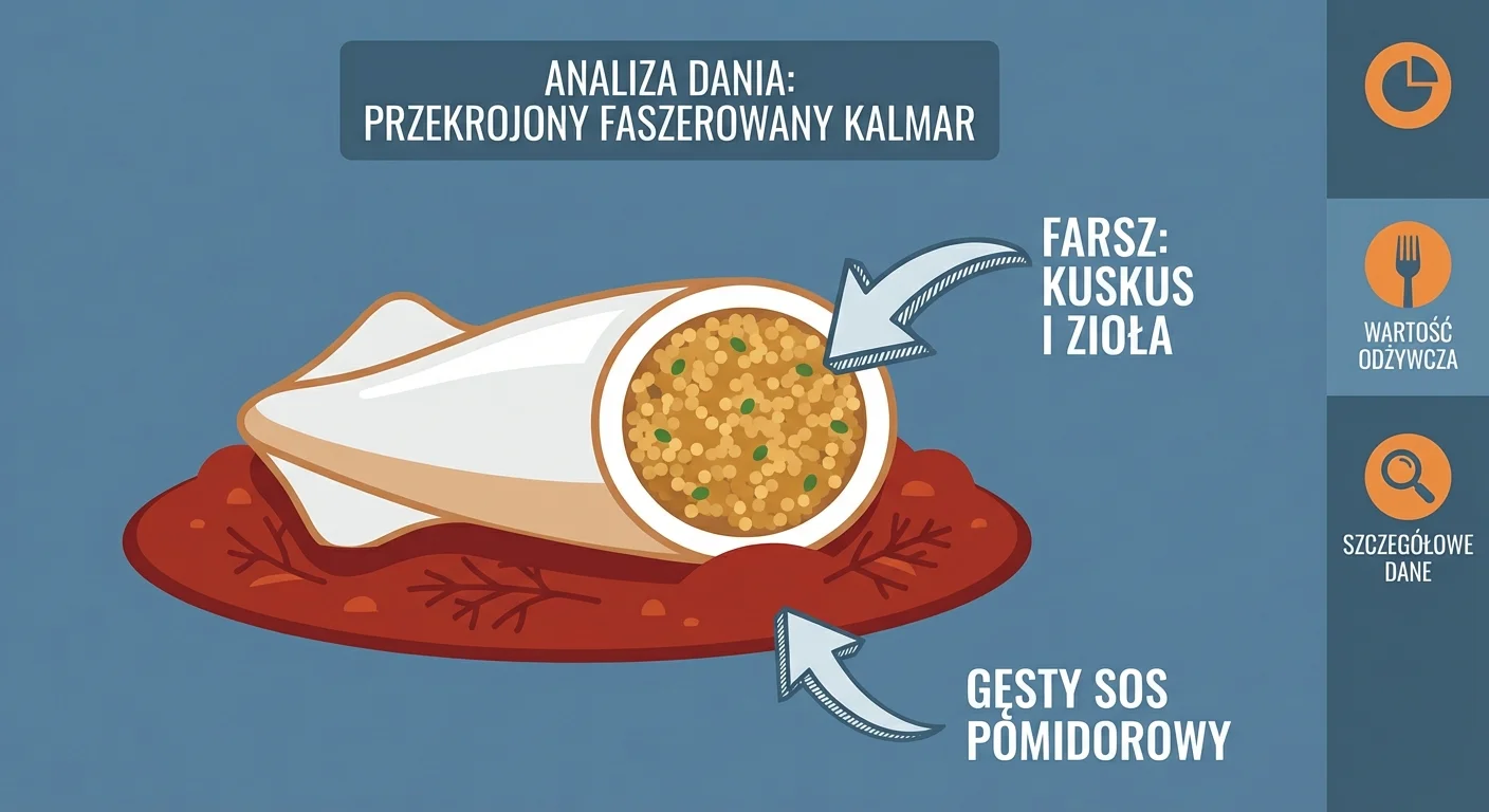 Zbliżenie na przekrojonego faszerowanego kalmara, ukazujące apetyczny farsz z kaszy kuskus i ziół, leżącego w gęstym, czerwonym sosie pomidorowym.