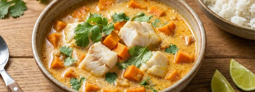 Miska kremowego curry rybnego z kawałkami dorsza, kostkami batatów i świeżą kolendrą na drewnianym stole.
