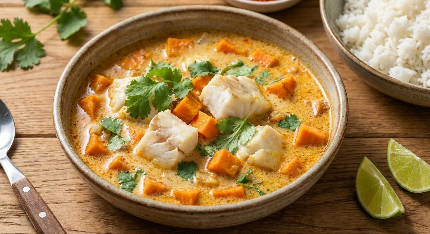 Miska kremowego curry rybnego z kawałkami dorsza, kostkami batatów i świeżą kolendrą na drewnianym stole.