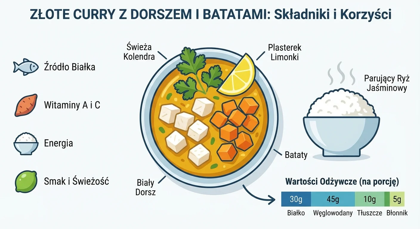 Apetyczna miska złotego curry z widocznymi kawałkami białego dorsza i pomarańczowymi kostkami batatów, udekorowana świeżą kolendrą i plasterkiem limonki, z parującym ryżem jaśminowym obok.